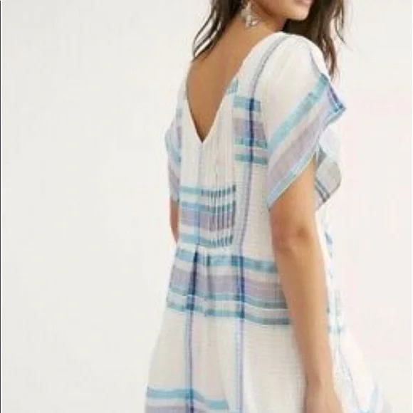Free People Mini Dress White Blue Metallic Plaid S - Picture 10 of 13
